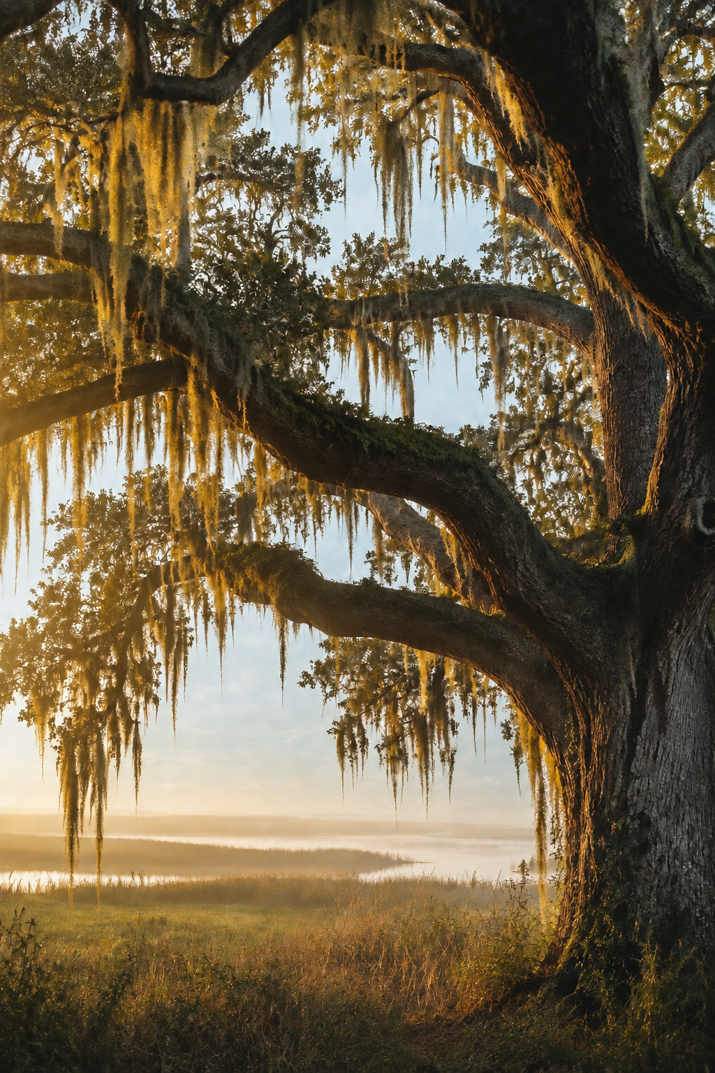 Live oak draped in Spanish moss at golden hour along the Gulf Coast.